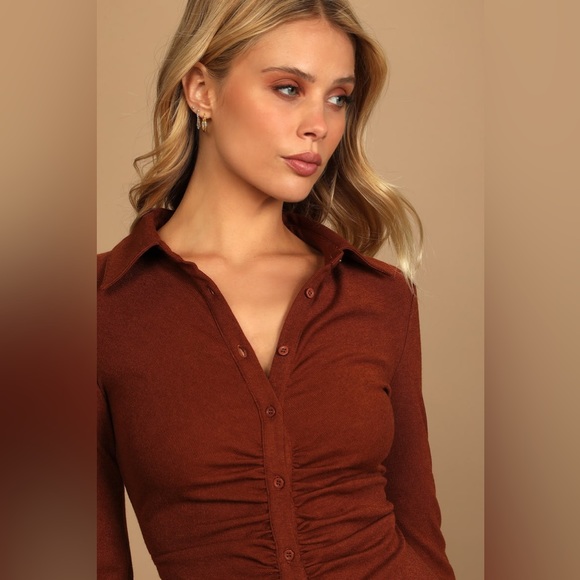 Lulus A Little Prep Rust Brown Button-Up Bodycon Mini Dress - Picture 3 of 8